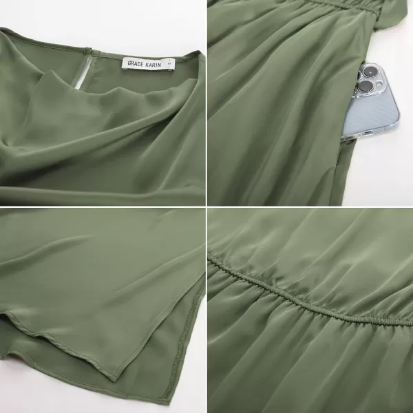 GRACE KARIN Womens 2024 Satin Midi Dress Summer Cap Sleeve Cowl Neck Belted Slit Elegant ALine Flowy Dress with PocketsArmy Green