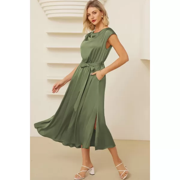 GRACE KARIN Womens 2024 Satin Midi Dress Summer Cap Sleeve Cowl Neck Belted Slit Elegant ALine Flowy Dress with PocketsArmy Green