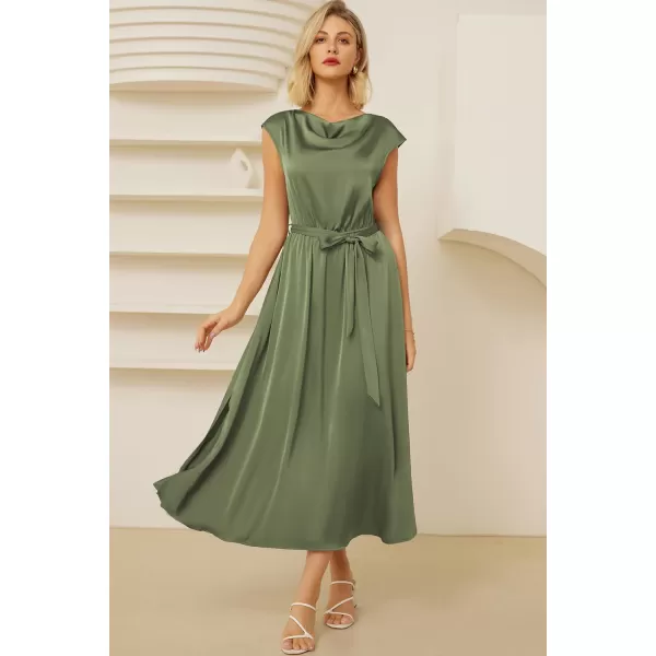 GRACE KARIN Womens 2024 Satin Midi Dress Summer Cap Sleeve Cowl Neck Belted Slit Elegant ALine Flowy Dress with PocketsArmy Green