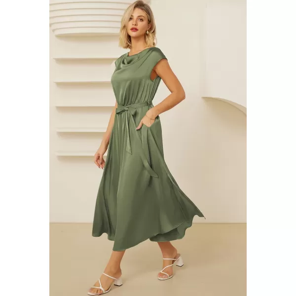 GRACE KARIN Womens 2024 Satin Midi Dress Summer Cap Sleeve Cowl Neck Belted Slit Elegant ALine Flowy Dress with PocketsArmy Green