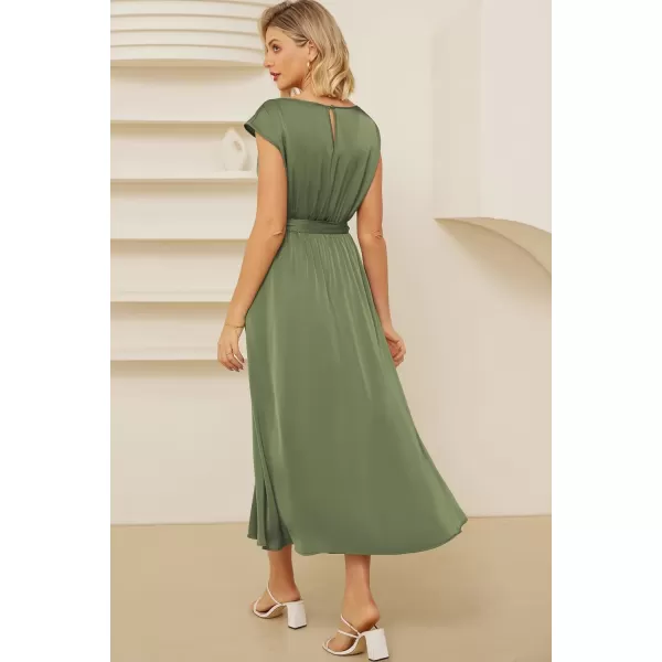 GRACE KARIN Womens 2024 Satin Midi Dress Summer Cap Sleeve Cowl Neck Belted Slit Elegant ALine Flowy Dress with PocketsArmy Green