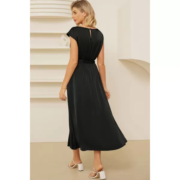 GRACE KARIN Womens 2024 Satin Midi Dress Summer Cap Sleeve Cowl Neck Belted Slit Elegant ALine Flowy Dress with PocketsBlack