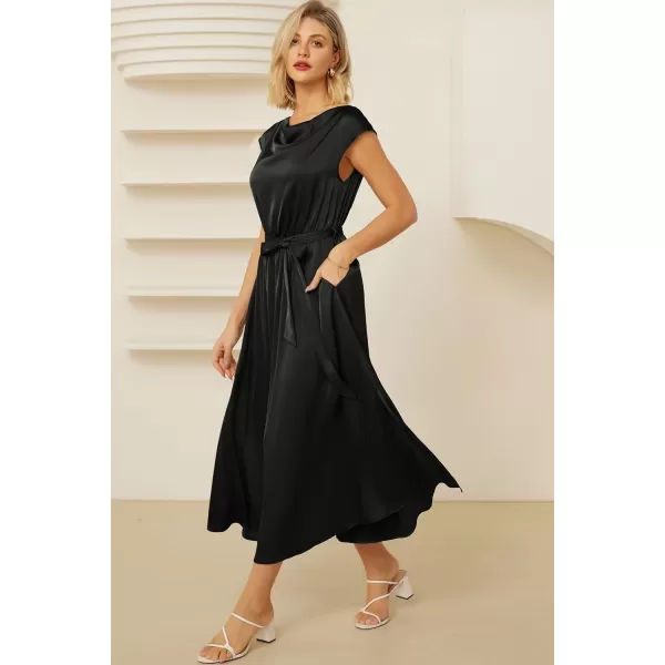 GRACE KARIN Womens 2024 Satin Midi Dress Summer Cap Sleeve Cowl Neck Belted Slit Elegant ALine Flowy Dress with PocketsBlack