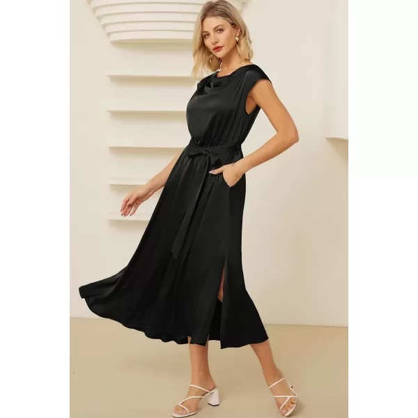 GRACE KARIN Womens 2024 Satin Midi Dress Summer Cap Sleeve Cowl Neck Belted Slit Elegant ALine Flowy Dress with PocketsBlack
