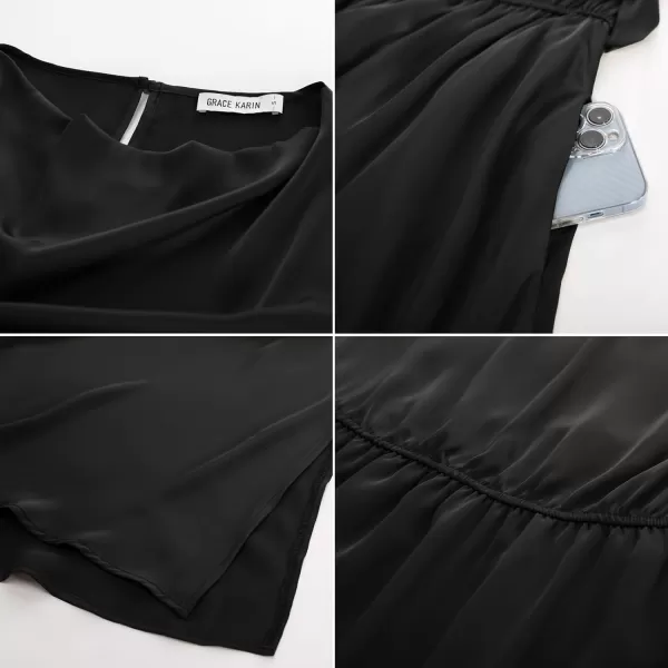 GRACE KARIN Womens 2024 Satin Midi Dress Summer Cap Sleeve Cowl Neck Belted Slit Elegant ALine Flowy Dress with PocketsBlack