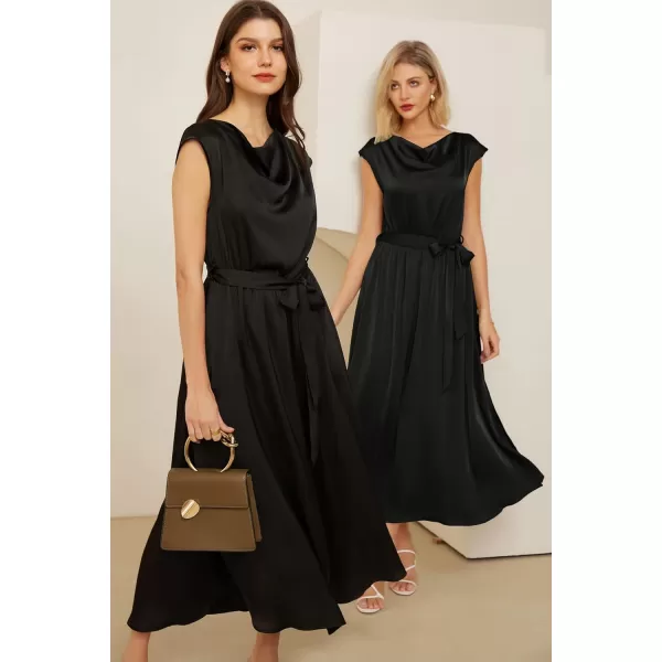 GRACE KARIN Womens 2024 Satin Midi Dress Summer Cap Sleeve Cowl Neck Belted Slit Elegant ALine Flowy Dress with PocketsBlack