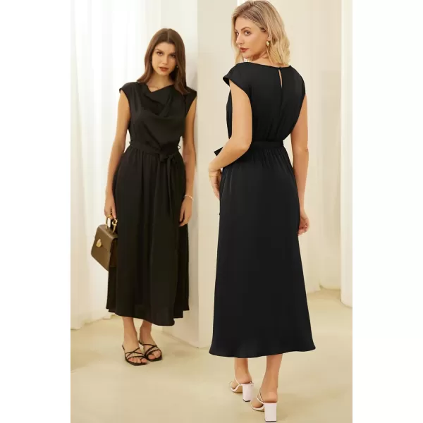 GRACE KARIN Womens 2024 Satin Midi Dress Summer Cap Sleeve Cowl Neck Belted Slit Elegant ALine Flowy Dress with PocketsBlack