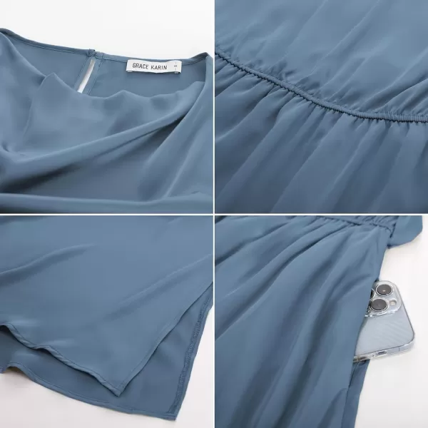 GRACE KARIN Womens 2024 Satin Midi Dress Summer Cap Sleeve Cowl Neck Belted Slit Elegant ALine Flowy Dress with PocketsBlue
