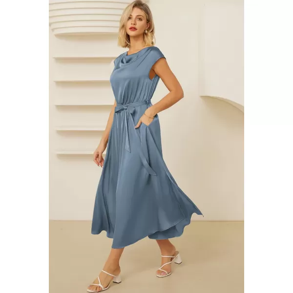 GRACE KARIN Womens 2024 Satin Midi Dress Summer Cap Sleeve Cowl Neck Belted Slit Elegant ALine Flowy Dress with PocketsBlue