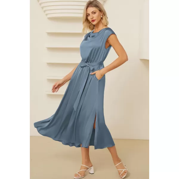 GRACE KARIN Womens 2024 Satin Midi Dress Summer Cap Sleeve Cowl Neck Belted Slit Elegant ALine Flowy Dress with PocketsBlue