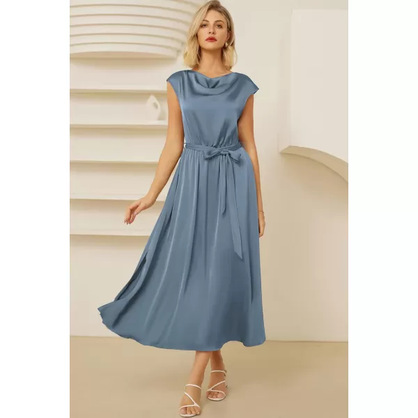 GRACE KARIN Womens 2024 Satin Midi Dress Summer Cap Sleeve Cowl Neck Belted Slit Elegant ALine Flowy Dress with PocketsBlue
