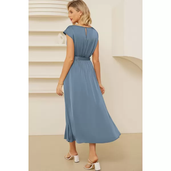 GRACE KARIN Womens 2024 Satin Midi Dress Summer Cap Sleeve Cowl Neck Belted Slit Elegant ALine Flowy Dress with PocketsBlue