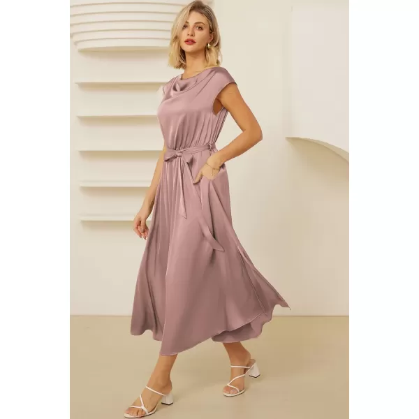 GRACE KARIN Womens 2024 Satin Midi Dress Summer Cap Sleeve Cowl Neck Belted Slit Elegant ALine Flowy Dress with PocketsPink