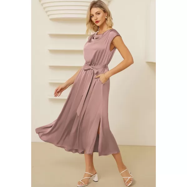 GRACE KARIN Womens 2024 Satin Midi Dress Summer Cap Sleeve Cowl Neck Belted Slit Elegant ALine Flowy Dress with PocketsPink