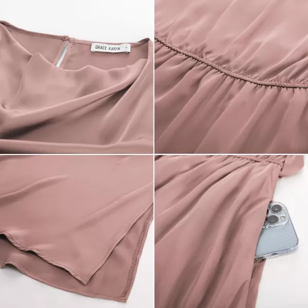 GRACE KARIN Womens 2024 Satin Midi Dress Summer Cap Sleeve Cowl Neck Belted Slit Elegant ALine Flowy Dress with PocketsPink