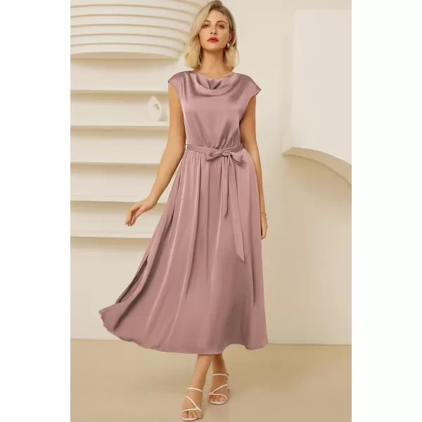 GRACE KARIN Womens 2024 Satin Midi Dress Summer Cap Sleeve Cowl Neck Belted Slit Elegant ALine Flowy Dress with PocketsPink