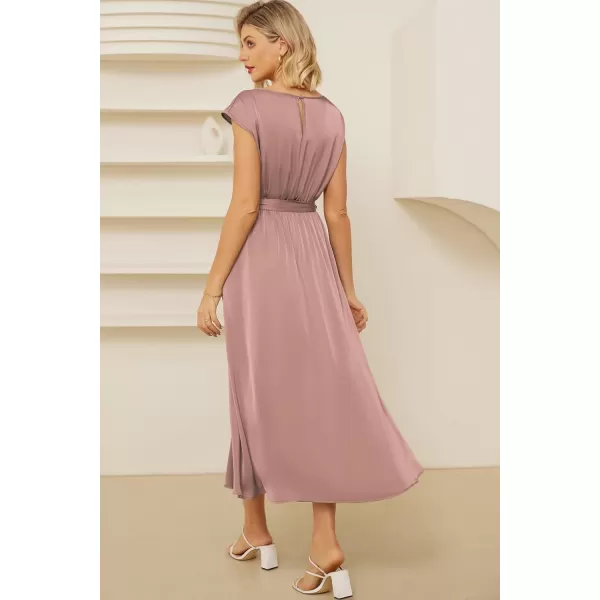 GRACE KARIN Womens 2024 Satin Midi Dress Summer Cap Sleeve Cowl Neck Belted Slit Elegant ALine Flowy Dress with PocketsPink