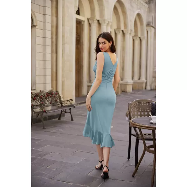 GRACE KARIN Womens 2024 Sleeveless V Neck Bodycon Dress Ruched Elegant Mermaid Slit Cocktail Party Midi DressLight Blue