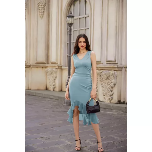 GRACE KARIN Womens 2024 Sleeveless V Neck Bodycon Dress Ruched Elegant Mermaid Slit Cocktail Party Midi DressLight Blue