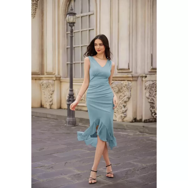 GRACE KARIN Womens 2024 Sleeveless V Neck Bodycon Dress Ruched Elegant Mermaid Slit Cocktail Party Midi DressLight Blue