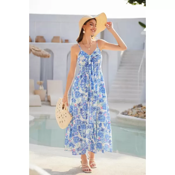 GRACE KARIN Womens 2024 Summer Beach Dress Floral V Neck Tie Front Spaghetti Strap Flowy Long Dress Boho Maxi DressBlue Floral