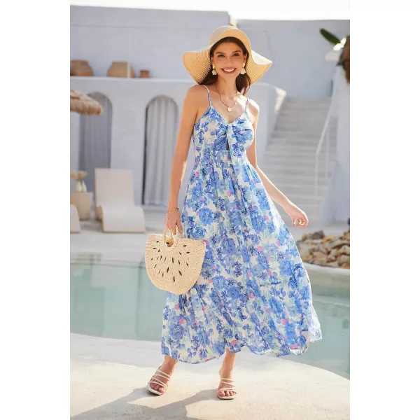 GRACE KARIN Womens 2024 Summer Beach Dress Floral V Neck Tie Front Spaghetti Strap Flowy Long Dress Boho Maxi DressBlue Floral