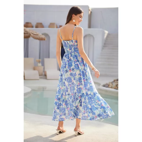 GRACE KARIN Womens 2024 Summer Beach Dress Floral V Neck Tie Front Spaghetti Strap Flowy Long Dress Boho Maxi DressBlue Floral