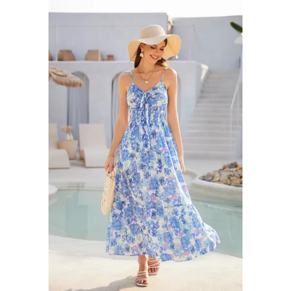 GRACE KARIN Womens 2024 Summer Beach Dress Floral V Neck Tie Front Spaghetti Strap Flowy Long Dress Boho Maxi DressBlue Floral