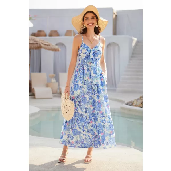 GRACE KARIN Womens 2024 Summer Beach Dress Floral V Neck Tie Front Spaghetti Strap Flowy Long Dress Boho Maxi DressBlue Floral