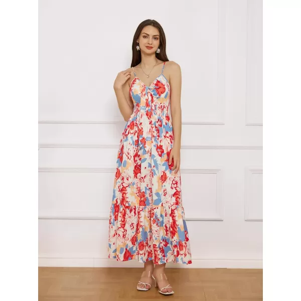 GRACE KARIN Womens 2024 Summer Beach Dress Floral V Neck Tie Front Spaghetti Strap Flowy Long Dress Boho Maxi DressBlue Red Floral