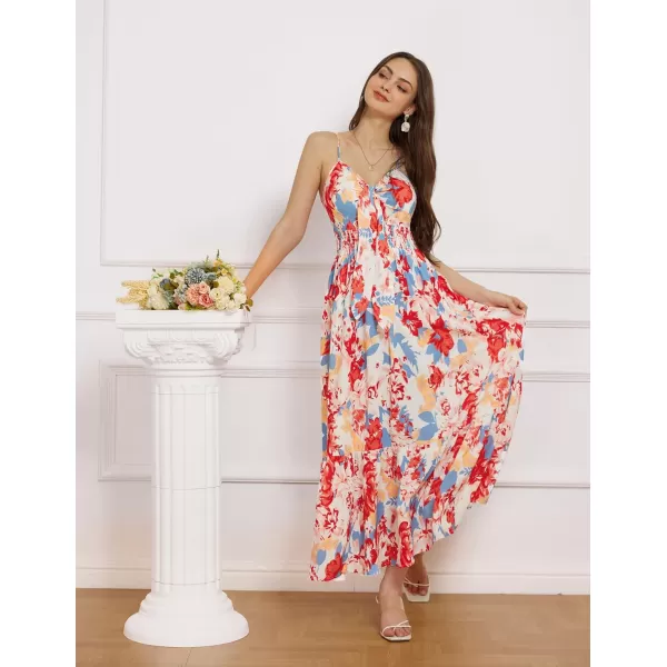 GRACE KARIN Womens 2024 Summer Beach Dress Floral V Neck Tie Front Spaghetti Strap Flowy Long Dress Boho Maxi DressBlue Red Floral