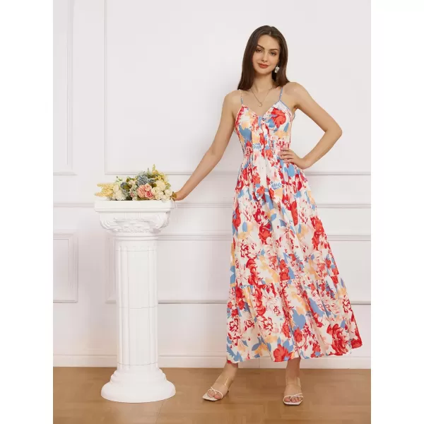 GRACE KARIN Womens 2024 Summer Beach Dress Floral V Neck Tie Front Spaghetti Strap Flowy Long Dress Boho Maxi DressBlue Red Floral