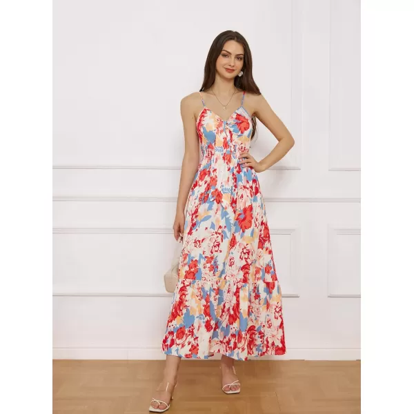 GRACE KARIN Womens 2024 Summer Beach Dress Floral V Neck Tie Front Spaghetti Strap Flowy Long Dress Boho Maxi DressBlue Red Floral