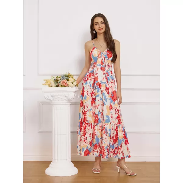 GRACE KARIN Womens 2024 Summer Beach Dress Floral V Neck Tie Front Spaghetti Strap Flowy Long Dress Boho Maxi DressBlue Red Floral