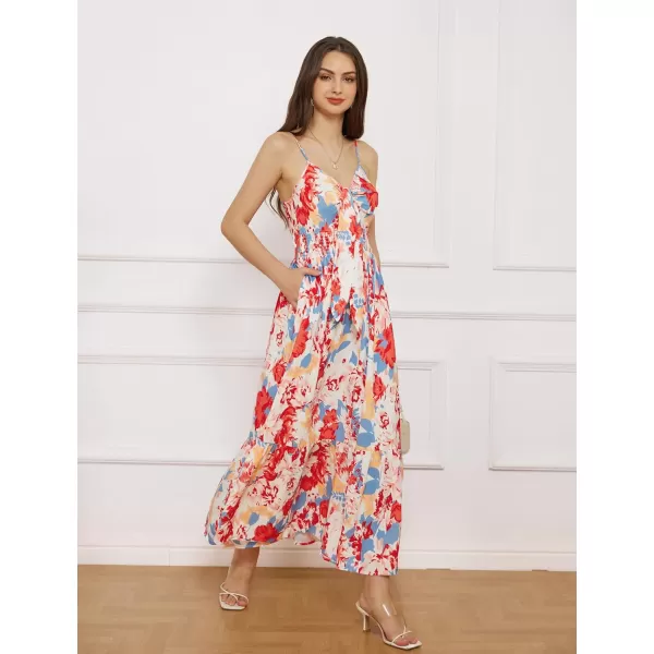 GRACE KARIN Womens 2024 Summer Beach Dress Floral V Neck Tie Front Spaghetti Strap Flowy Long Dress Boho Maxi DressBlue Red Floral