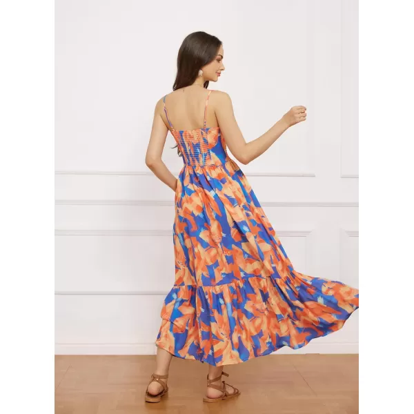 GRACE KARIN Womens 2024 Summer Beach Dress Floral V Neck Tie Front Spaghetti Strap Flowy Long Dress Boho Maxi DressOrange Blue Floral