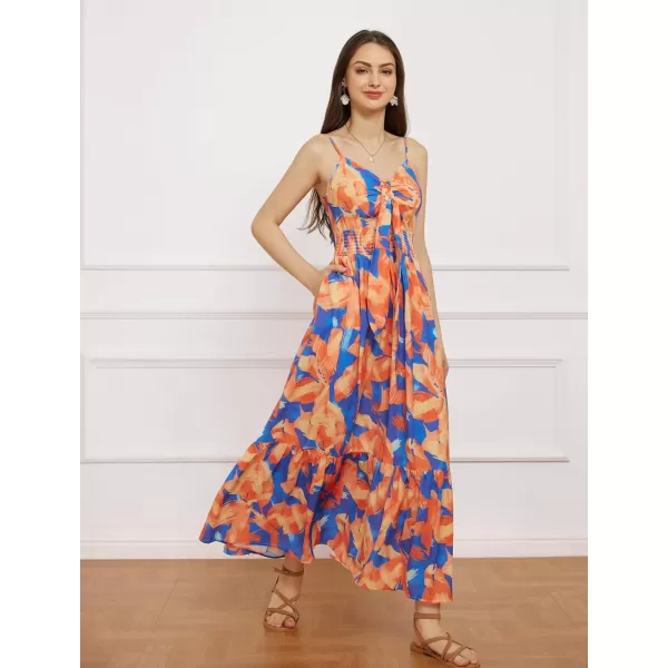 GRACE KARIN Womens 2024 Summer Beach Dress Floral V Neck Tie Front Spaghetti Strap Flowy Long Dress Boho Maxi DressOrange Blue Floral