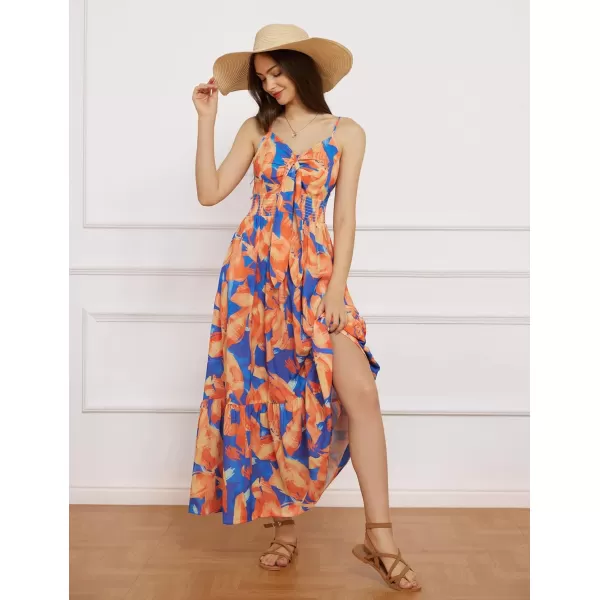 GRACE KARIN Womens 2024 Summer Beach Dress Floral V Neck Tie Front Spaghetti Strap Flowy Long Dress Boho Maxi DressOrange Blue Floral