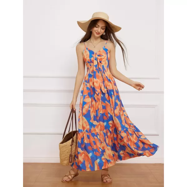 GRACE KARIN Womens 2024 Summer Beach Dress Floral V Neck Tie Front Spaghetti Strap Flowy Long Dress Boho Maxi DressOrange Blue Floral