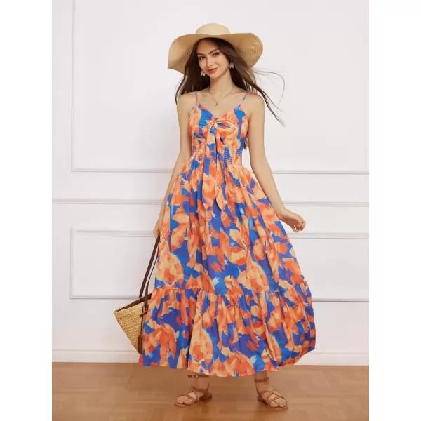 GRACE KARIN Womens 2024 Summer Beach Dress Floral V Neck Tie Front Spaghetti Strap Flowy Long Dress Boho Maxi DressOrange Blue Floral