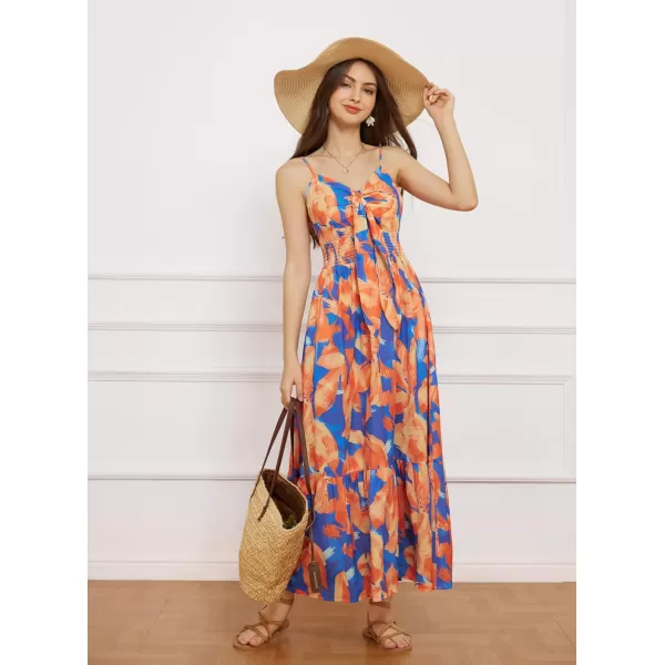 GRACE KARIN Womens 2024 Summer Beach Dress Floral V Neck Tie Front Spaghetti Strap Flowy Long Dress Boho Maxi DressOrange Blue Floral