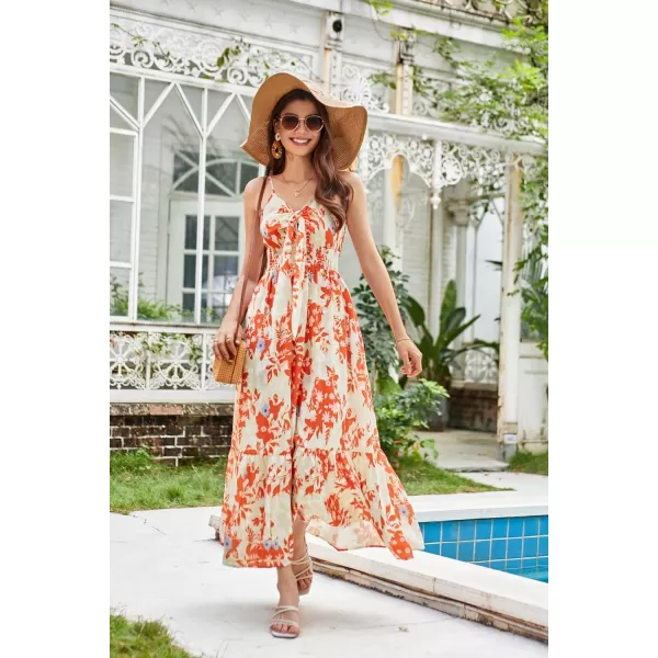 GRACE KARIN Womens 2024 Summer Beach Dress Floral V Neck Tie Front Spaghetti Strap Flowy Long Dress Boho Maxi DressOrange Floral