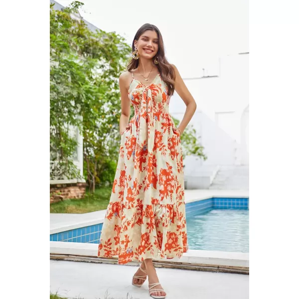 GRACE KARIN Womens 2024 Summer Beach Dress Floral V Neck Tie Front Spaghetti Strap Flowy Long Dress Boho Maxi DressOrange Floral