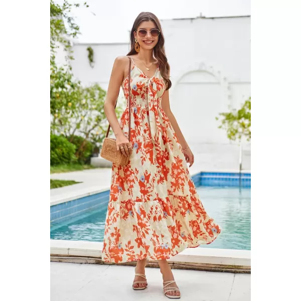 GRACE KARIN Womens 2024 Summer Beach Dress Floral V Neck Tie Front Spaghetti Strap Flowy Long Dress Boho Maxi DressOrange Floral