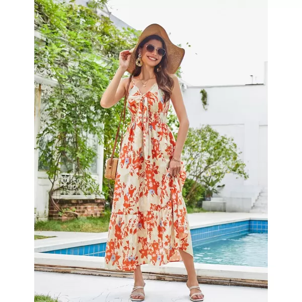 GRACE KARIN Womens 2024 Summer Beach Dress Floral V Neck Tie Front Spaghetti Strap Flowy Long Dress Boho Maxi DressOrange Floral