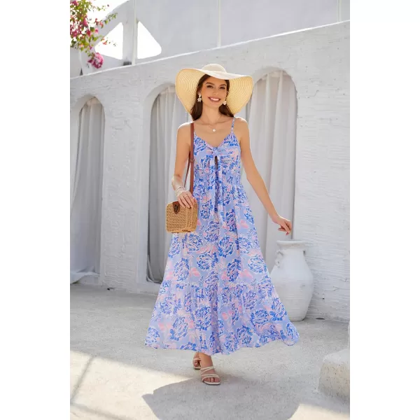 GRACE KARIN Womens 2024 Summer Beach Dress Floral V Neck Tie Front Spaghetti Strap Flowy Long Dress Boho Maxi DressPurple Floral