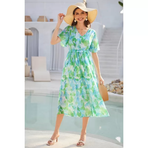 GRACE KARIN Womens 2024 Summer Boho Floral Dress Casual V Neck Short Flutter Sleeve Dress Flowy Pleated Beach DressGreen Floral