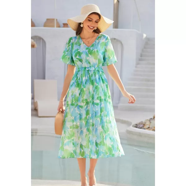 GRACE KARIN Womens 2024 Summer Boho Floral Dress Casual V Neck Short Flutter Sleeve Dress Flowy Pleated Beach DressGreen Floral