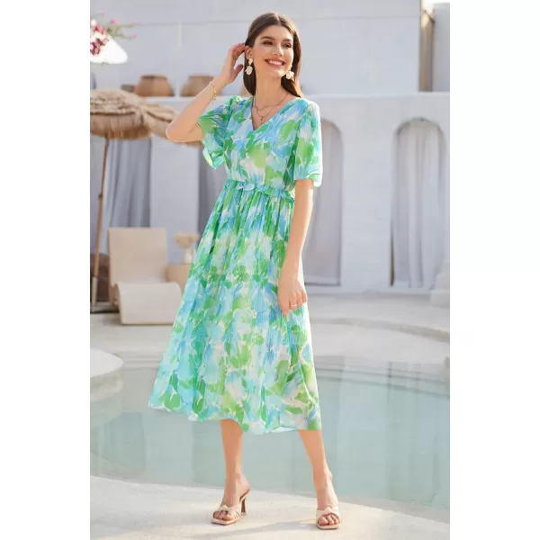 GRACE KARIN Womens 2024 Summer Boho Floral Dress Casual V Neck Short Flutter Sleeve Dress Flowy Pleated Beach DressGreen Floral