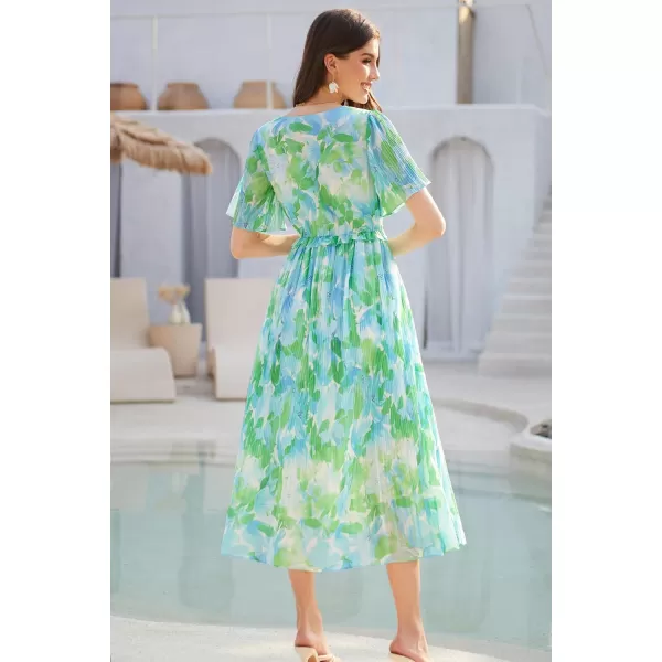 GRACE KARIN Womens 2024 Summer Boho Floral Dress Casual V Neck Short Flutter Sleeve Dress Flowy Pleated Beach DressGreen Floral